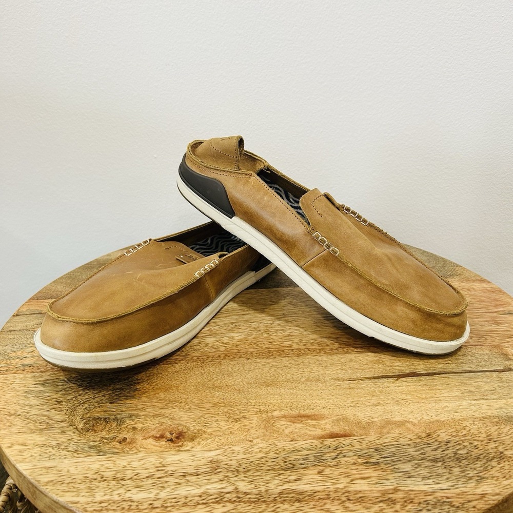 OluKai Kakaha Men's 13 Brown Leather Slip On Loafers Casual Comfort Boat Shoes